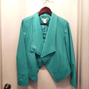Cache Turquoise leather jacket. High in back drapes low in the front
